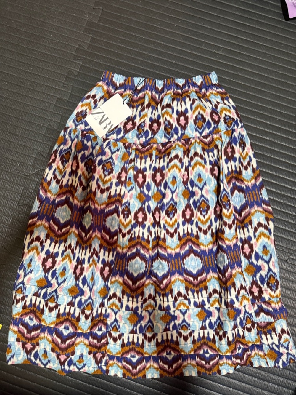 Zara Blue, Purple and Mustard Ikat-Print A-Line Skirt